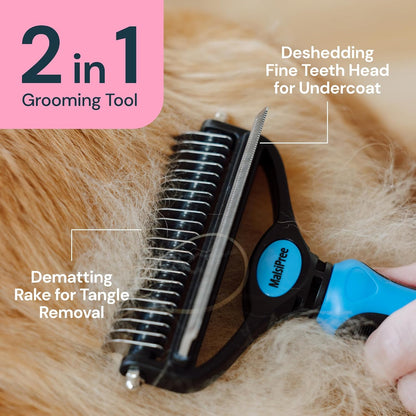 Dog Grooming Brush for Shedding - 2 in 1 Deshedding Tool and Undercoat Rake for Long and Short Haired Dogs with Double Coat - Dematting Comb and Pet Hair Deshedder Supplies (Large, Blue)