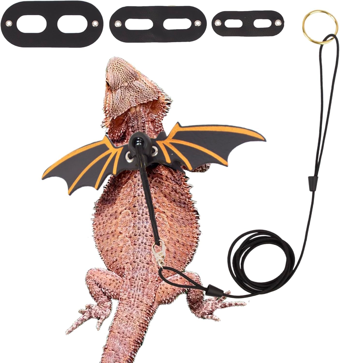 Bearded Dragon Leash Harness, 3 Size Pack Leather Wing Lizard Harness with Removable Lizard Leash for Bearded Dragon Lizard Reptiles (Black)