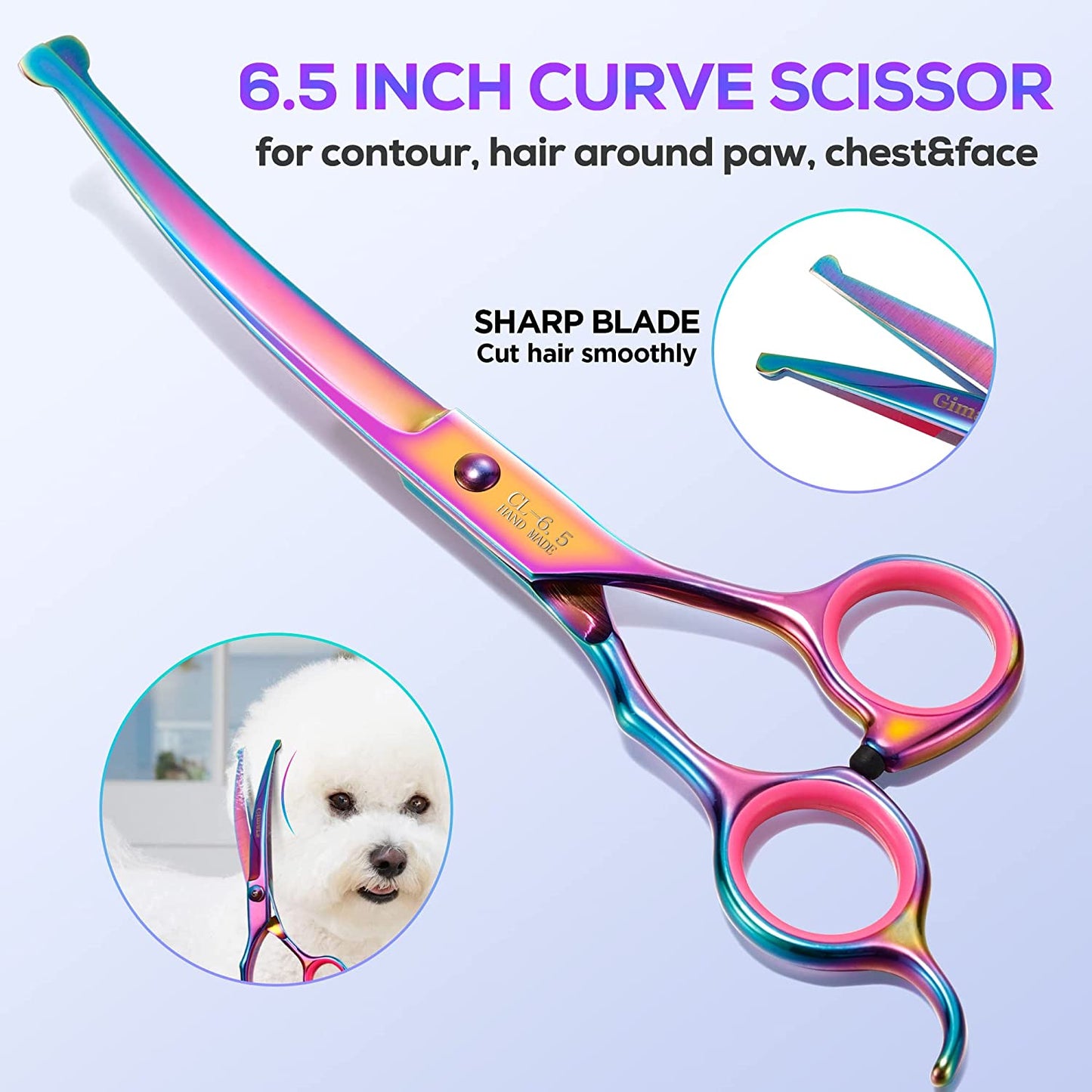 4CR Stainless Steel Safety round Tip 6 in 1 Professional Dog Grooming Scissors Kit, Heavy Duty Titanium Coated Straight & Thinning & Curved Shears & Comb Set for Dog & Cat Grooming