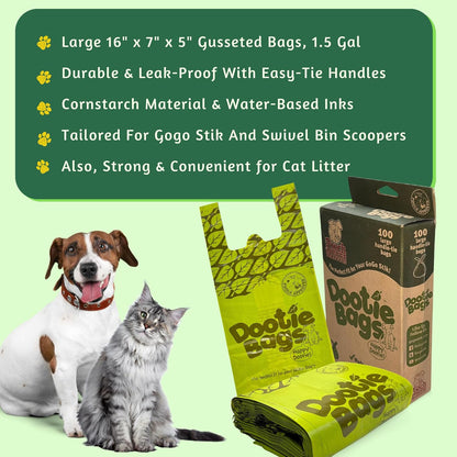 Dootie Bags® Medium-Large Poop Bags, 100 Count, with Tie Handles and Gussets. Strong and Leakproof. Made with Corn Starch. Fits  Pooper Scoopers.