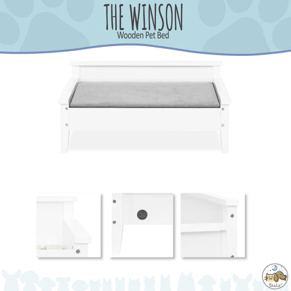 Winston Small Elevated Wooden Pet Bed with Plush Mattress, White