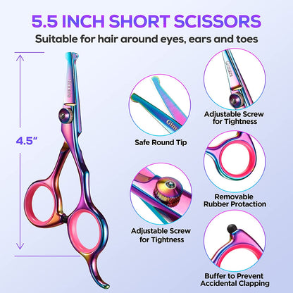 4CR Stainless Steel Safety round Tip 6 in 1 Professional Dog Grooming Scissors Kit, Heavy Duty Titanium Coated Straight & Thinning & Curved Shears & Comb Set for Dog & Cat Grooming