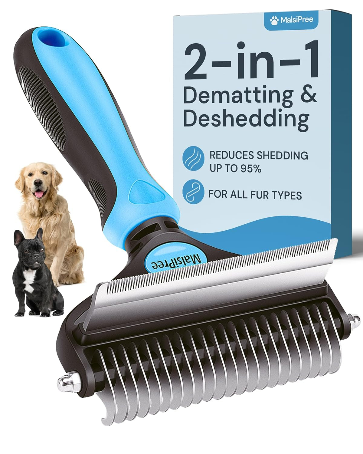 Dog Grooming Brush for Shedding - 2 in 1 Deshedding Tool and Undercoat Rake for Long and Short Haired Dogs with Double Coat - Dematting Comb and Pet Hair Deshedder Supplies (Large, Blue)