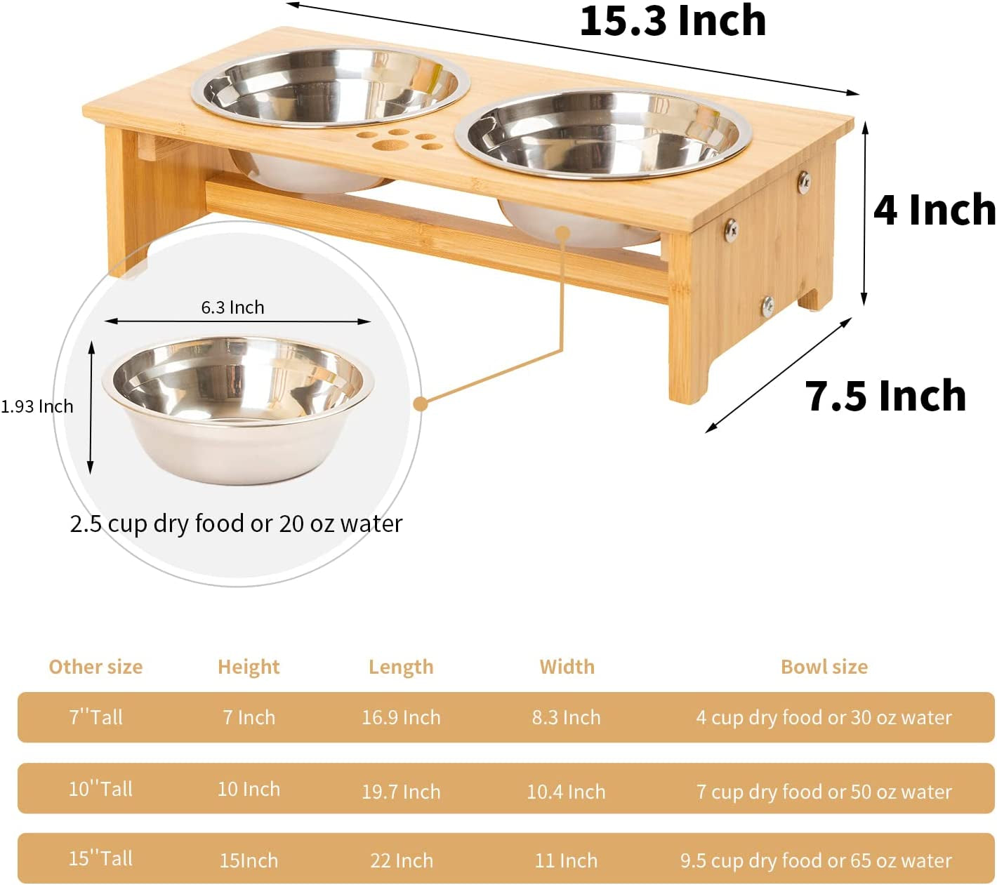 Raised Pet Bowls for Cats and Small Dogs, Bamboo Elevated Dog Cat Food and Water Bowls Stand Feeder with 2 Stainless Steel Bowls and anti Slip Feet (4'' Tall-20 Oz Bowl)