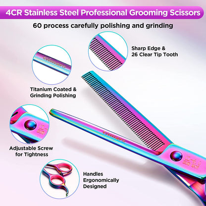 4CR Stainless Steel Safety round Tip 6 in 1 Professional Dog Grooming Scissors Kit, Heavy Duty Titanium Coated Straight & Thinning & Curved Shears & Comb Set for Dog & Cat Grooming