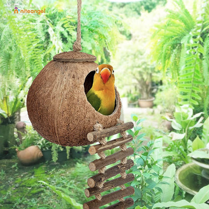 100% Natural Coconut Hideaway with Ladder, Bird and Small Animal Toy