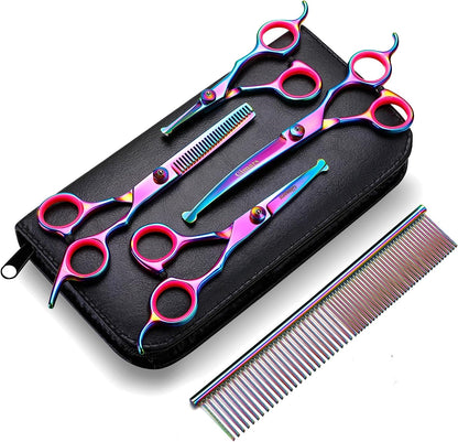 4CR Stainless Steel Safety round Tip 6 in 1 Professional Dog Grooming Scissors Kit, Heavy Duty Titanium Coated Straight & Thinning & Curved Shears & Comb Set for Dog & Cat Grooming