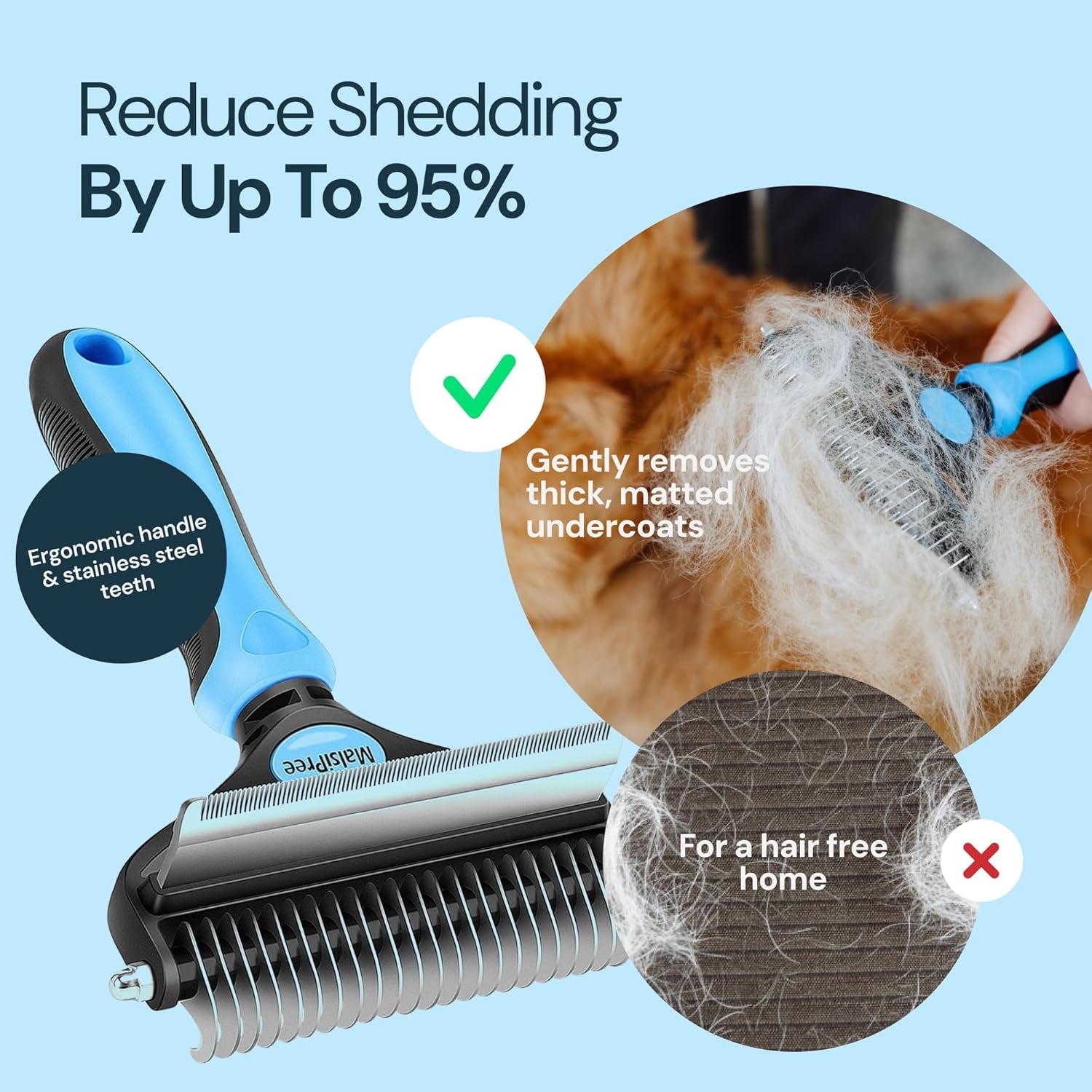 Dog Grooming Brush for Shedding - 2 in 1 Deshedding Tool and Undercoat Rake for Long and Short Haired Dogs with Double Coat - Dematting Comb and Pet Hair Deshedder Supplies (Large, Blue)