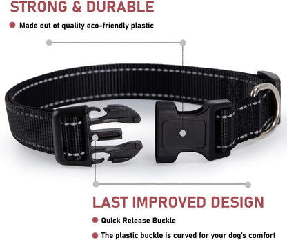 Reflective Dog Collar with Buckle Adjustable Safety Nylon Collars for Small Medium Large Dogs, Black S