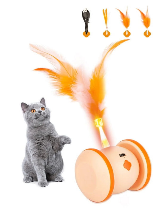 Automatic Cat Toy, Interactive Cat Toy Cat Exercise Rolling Toy Cat with LED Light & Replable Feather, Indoor Cat Ambush Toy 360° Rotating, Rechargeable Electric Kitten Toy