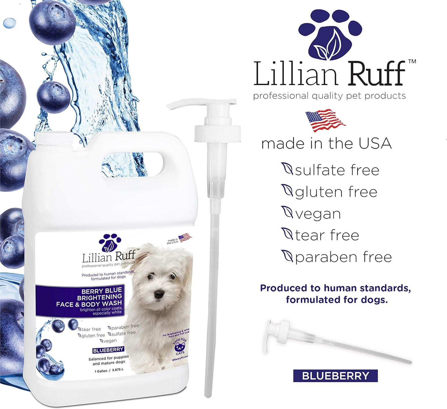 Berry Blue Brightening Face and Body Wash for Dogs - Blueberry Shampoo - Remove Tear Stains, Hydrate Dry Itchy Skin, Add Shine & Luster to Coats (Berry Blue Shampoo Gallon/Pump)