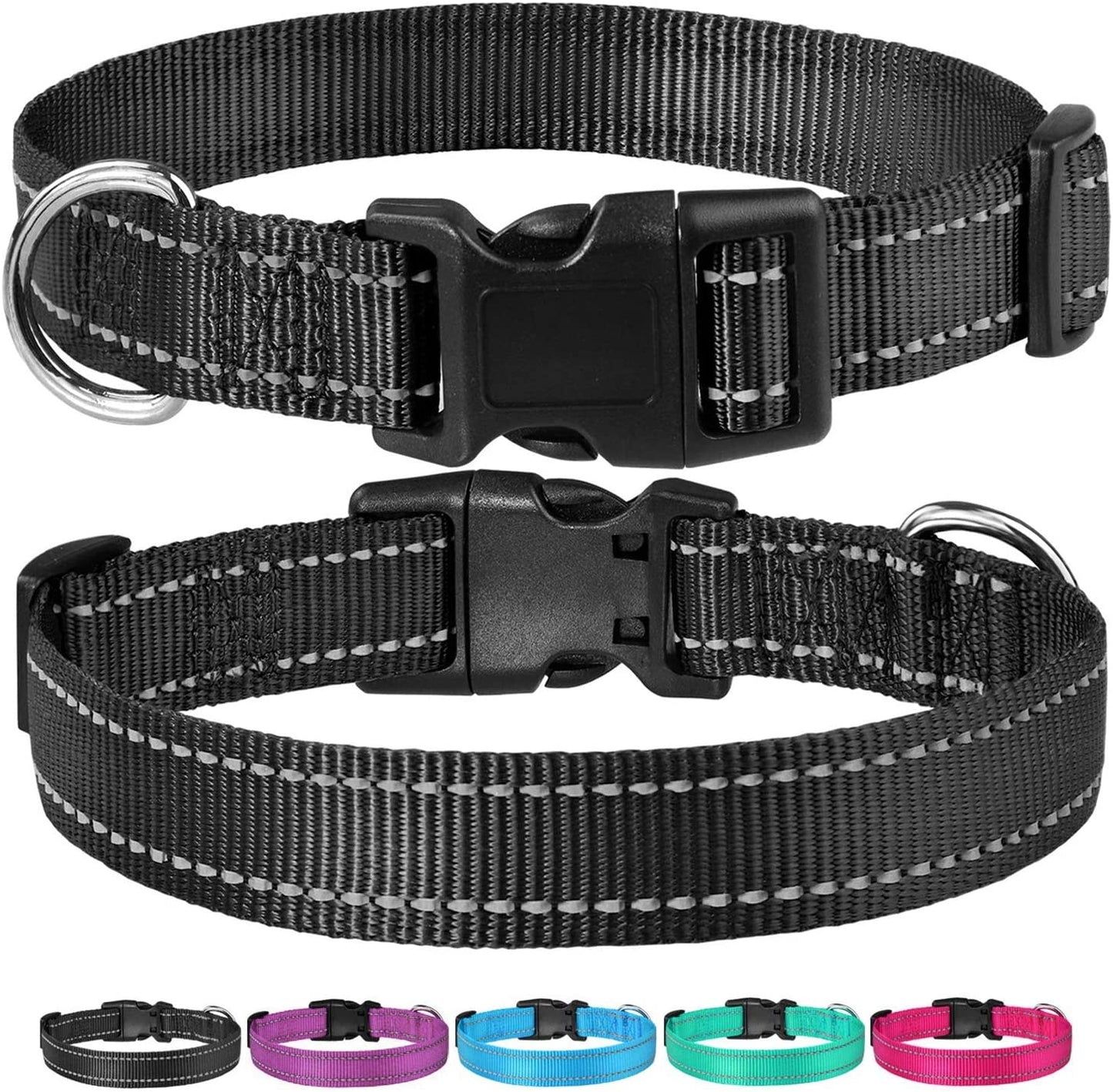 Reflective Dog Collar with Buckle Adjustable Safety Nylon Collars for Small Medium Large Dogs, Black S