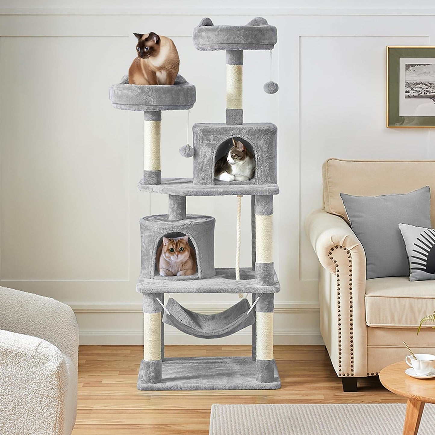 62.2 Inches Cat Tree Cat Towers Cat Condo with Platform & Hammock, Scratching Posts for Kittens Pet Play House with Plush Perch for Indoor Activity Relaxing