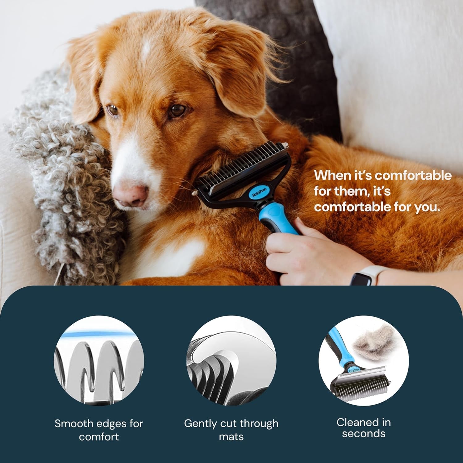 Dog Grooming Brush for Shedding - 2 in 1 Deshedding Tool and Undercoat Rake for Long and Short Haired Dogs with Double Coat - Dematting Comb and Pet Hair Deshedder Supplies (Large, Blue)