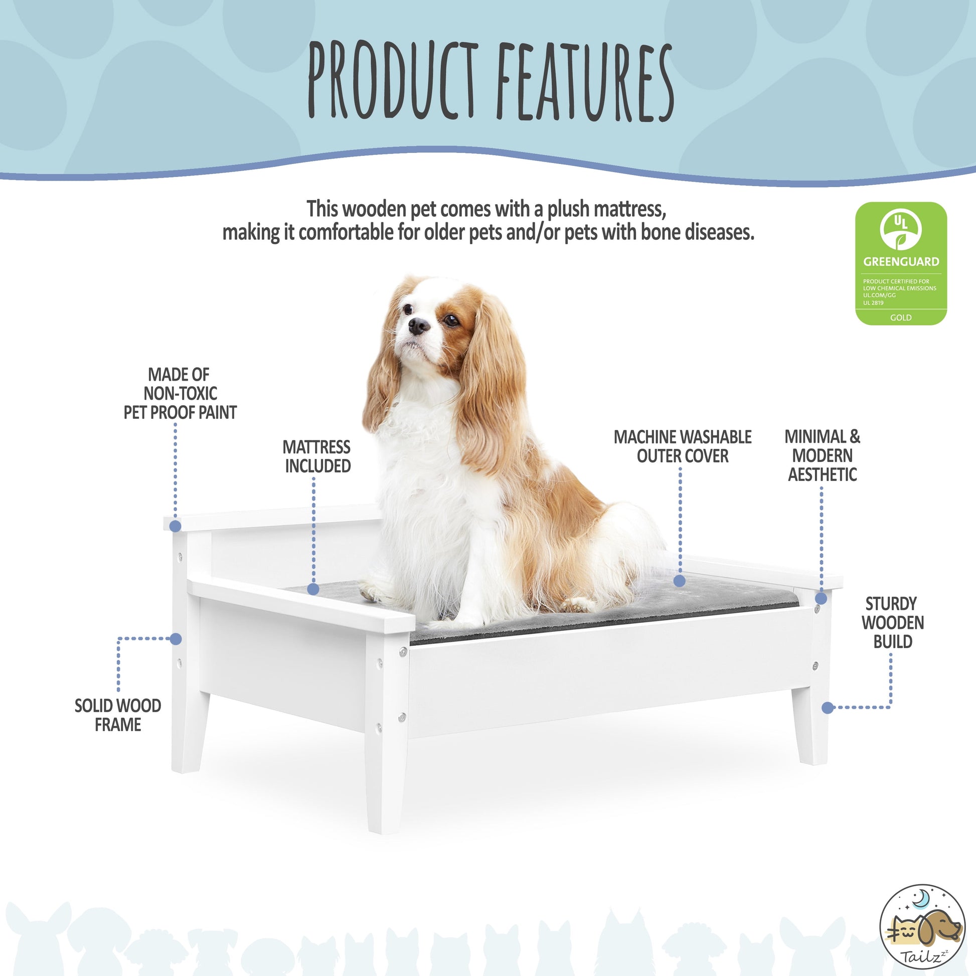 Winston Small Elevated Wooden Pet Bed with Plush Mattress, White